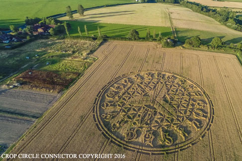 Wheat field in Ansty near Salisbury, Wiltshire, England, reported Friday, August 12, 2016. Ansty has Bronze Age grave barrows, one as old as 7 A.D. Aerial © 2016 by Cropcircleconnector.