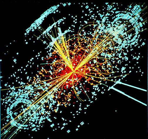 An example of simulated data modeled for the CMS particle detector on the Large Hadron Collider (LHC) at CERN. Here, following a collision of two protons, a Higgs boson is produced which decays into two jets of hadrons and two electrons. The lines represent the possible paths of particles produced by the proton-proton collision in the detector while the energy these particles deposit is shown in blue.