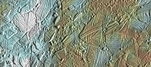 Possessing more water than the total amount found on earth, Europa appears to have had a salty ocean beneath its icy cracked and frozen surface. Galileo images show long, crisscrossing cracks and ice “rafts” the size of cities that appear to have broken off and drifted apart. The process of frozen “puddles” smoothing over older cracks can smooth Europa's young surface, while warmer material that bubbles up from below can blister the surface and expose evaporative-type salts. A remarkable lack of craters show the surface to be relatively young, less than 50 million-years-old.. Europa has a thin oxygen atmosphere and an ionosphere. Images courtesy NASA Solar System Exploration.
