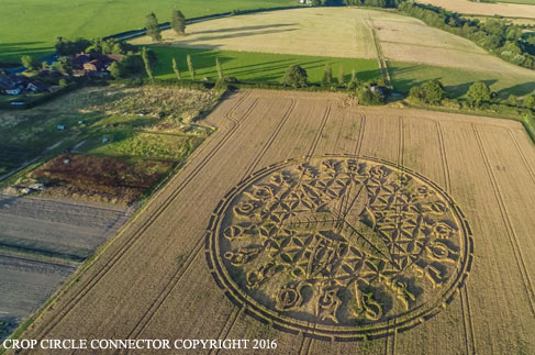 Wheat field in Ansty, Wiltshire, England, 6 miles east of Shaftesbury, Dorset County, and 14 miles southwest of Salisbury, Wiltshire County, first reported publicly on Friday, August 12, 2016. Aerial © 2016 by Cropcircleconnector.