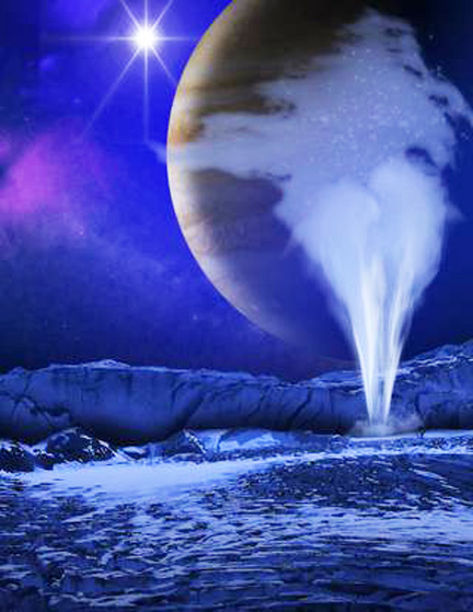 NASA artist's illustration of what 125-mile-high water vapor plume might look like erupting through Europa's 60-mile-deep ice crust from the even deeper salty ocean below the ice as the 6th largest moon of Jupiter orbits around the massive gaseous planet. Illustration by NASA.