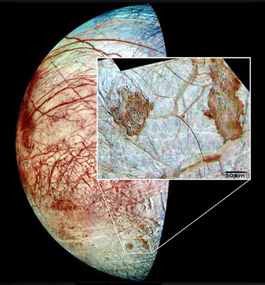 Europa's reddish, veiny surface that has long provoked questions about life forms on the strange icy, watery moon of Jupiter. Images in 1990s by NASA's Galileo spacecraft.