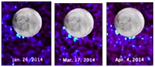 NASA's Hubble Space Telescope took direct ultraviolet images of the icy moon Europa (foreground sphere) transiting across the disk of Jupiter (black and purple background). Out of ten observations, Hubble saw what may be the silhouettes of water plumes rising about 125 miles above Europa's surface in the southern hemisphere. (light blue enhancement) The above three intermittent water vapor plumes in 2014 were dated Jan. 26, Mar. 17 and April 4. This adds another piece of supporting evidence to the existence of water vapor plumes on Europa. Now NASA would like to have a spacecraft mission that could fly near the plume region to "sniff" for signs of organic life if the water vapor is coming from the huge Europa ocean beneath the moon's thick ice crust. Published on Sept. 26, 2016, by NASA's Goddard Space Flight Center/Katrina Jackson.