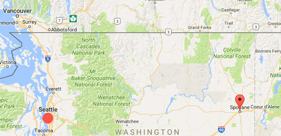 Spokane and Spokane Valley, Washington, marked by Google pointer are 280 miles east of Seattle, Washington, and next door to Coeur d'Alene, Idaho.