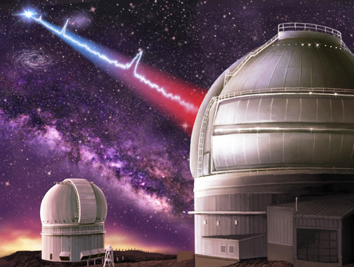 The 8-meter Gemini telescope on Mauna Kea, Hawaii, is seen measuring the redshift of the host galaxy in the Auriga Constellation from where the FRB121102 fast radio bursts have originated since 2007, showing that the bursts are traveling 3 billion light years to reach Earth. Illustration by Danielle Futselaar www.artsource.nl.