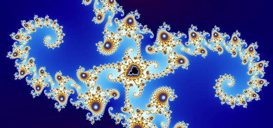 Fractal Julia sets surrounding central Mandelbrot set fractal. Created by Wolfgang Beyer with the program Ultra Fractal 3.