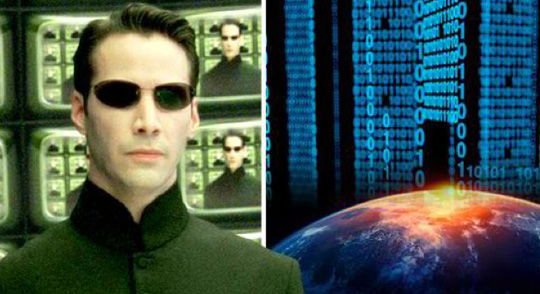 Hollywood actor Keanu Reeves in the original 1999 movie, The Matrix, that depicts an Earth future dominated by robots and androids created in the 21st century that rebelled against humanity. The rebelling robot forces placed human minds under control by cybernetic implants that connect to a simulated virtual reality called The Matrix, nearly indistinguishable from actual Earth reality.