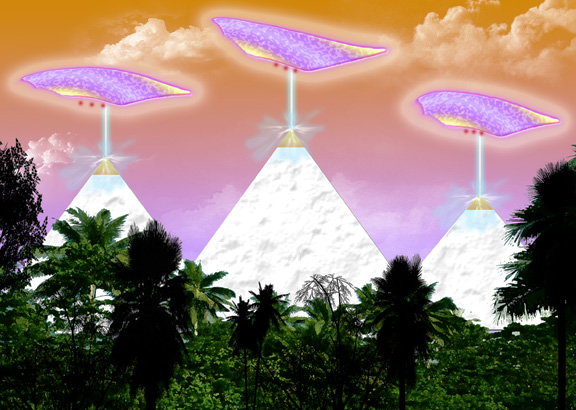 Dina Napier's © 2017 illustration of the three aerial craft exchanging beam energy with the tops of Giza pyramids in Egypt, that she viewed in 1995 at age 22 in a vivid dream remote viewing experience of Alaska site of large, black pyramid underground west of Mt. McKinley, re-named Mt. Denali.