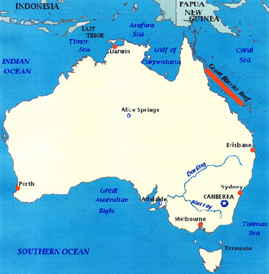 The Great Barrier Reef, off the coast of Queensland in northeastern Australia, (red underline) is the largest living organism on Earth, even visible from outer space. The 1400-mile-long (2,300 km) ecosystem is made up of some 3,000 individual reefs produced from over 600 types of hard  and soft coral. Coral reefs are not plants. Corals are the product of billions of tiny organisms known as coral polyps. Even though coral reefs make up only 1/10th of 1% of the Earth's  surface, the reefs are where 25% of all marine life live for protection.