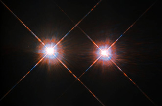 The closest star system to the Earth is the famous Alpha Centauri group. Located in the constellation of Centaurus (The Centaur), at a distance  of 4.3 light-years, this system is made up of the binary formed by the stars Alpha Centauri A and Alpha Centauri B, plus the faint red dwarf Alpha Centauri C, also known as Proxima Centauri. This NASA/ESA Hubble Space Telescope has given us this stunning view of the bright Alpha Centauri A (on the left) and Alpha Centauri B (on the right).