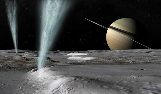 Illustration of water ice geysers erupting on the surface of Enceladus, one of Saturn's 31 moons, the sixth largest and only moon so far confirmed by a NASA gravity study in 2014 to have a large body of fluid water, an ocean, beneath its south pole. Artist's concept © 2006 by Joe Bergeron.