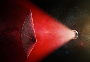 Illustration of a hypothetical alien intelligence's large transport sail powered by a radio beam (red) generated from the surface of an Earth-sized planet 1 to 3 billion light-years from Earth. Credit:  M. Weiss/Center for Astrophysics, Harvard Univ.