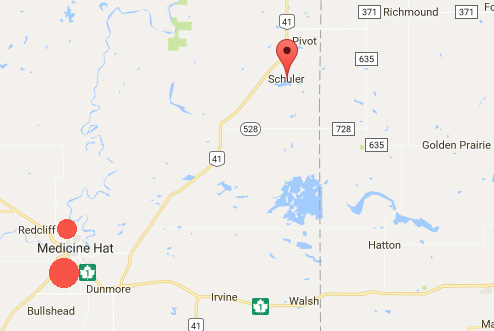 Schuler, Alberta Canada, is 38 miles northeast of Medicine Hat and Redcliff.