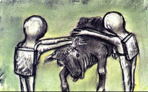 July 1983, Ron and Paula Watson of Mt. Vernon, Missouri,  watched through binoculars as small, grey beings floated a live, paralyzed cow to craft guarded by a standing up lizard humanoid. Glimpses of Other Realities, Vol. I © 1994 by Linda Moulton Howe.