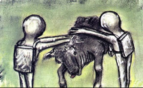 July 1983, Ron and Paula Watson of Mt. Vernon, Missouri, watched through binoculars as small, grey beings floated a live, paralyzed cow to craft guarded by a standing up lizard humanoid. Glimpses of Other Realities, Vol. I © 1994 by Linda Moulton Howe.