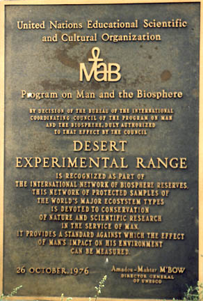 United Nations Biosphere Reserve Designation for DRES by UNESCO on October 26, 1976. Plaque built into stone at driveway entrance to DRES buildings. Photograph © 2005 by Linda Moulton Howe.