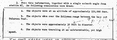 Excerpt about unidentified flying objects from July 13, 1950 Memo from Mathematician Wilbur L. Mitchell, Data Reduction Unit,White Sands Missile Range, to Commanding Officer, Air Force Cambridge Research Laboratory, Cambridge, Massachusetts.