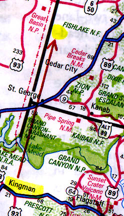 Red arrow points 200 miles straight north from Kingman, Arizona, to the yellow-colored DRES facility near alleged lakebed crash site, perhaps in May 1953.