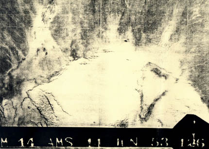 "M 14 AMS 11 June 53 126." Aerial photograph taken on June 11, 1953, one of two dozen all focused on the region of the triangle feature which measures 4,400 feet long by 2,700 feet wide.