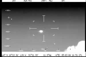 "White hot" polarity, FLIR (Forward Looking Infrared) StarSAFIRE II. Unidentified object at cross hairs. Cumulus cloud at far right corner. All FLIR video images from infrared videotape courtesy Mexico Department of Defense.