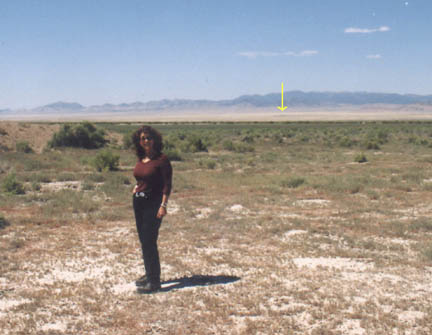 Linda standing inside lakebed triangle on July 16, 2005. Arrow points to DRES facility three miles away,  highlighted by yellow arrow. Photograph by Steve Jones.