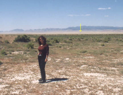 Linda standing inside lakebed triangle on July 16, 2005. Arrow points to DRES facility three miles away, highlighted by yellow arrow. Photograph by Steve Jones.