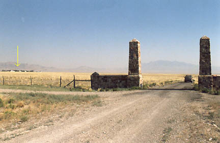 Stone obelisk gate to DRES, July 17, 2005. Photograph © 2005 by Linda Moulton Howe.