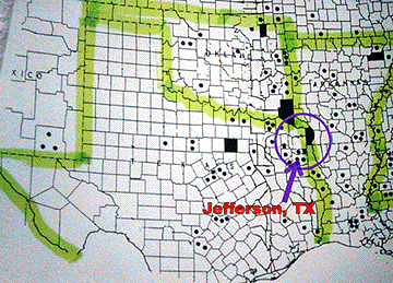 A map shown at Texas Bigfoot Conference, Jefferson, Texas, on September 15, 2001. Black dots indicate Bigfoot reports. Photograph © 2001 by Andy Abercrombie.