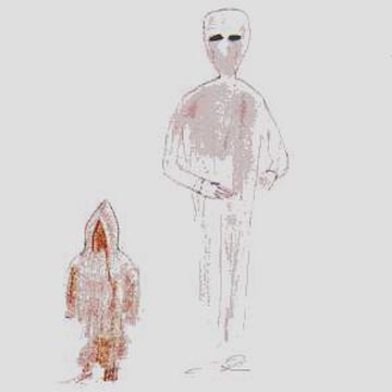 Three-foot-tall hooded non-human standing next to six-foot-tall non-human at the end of attorney's bed around 1965. Attorney is now 57-years-old. Image © 2007 by "John Smith."
