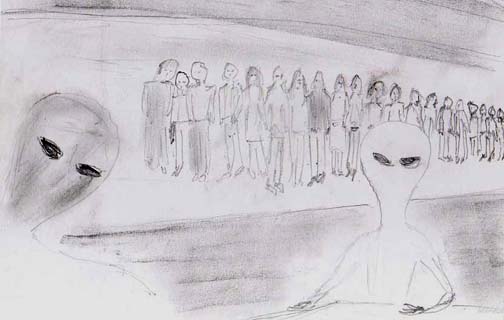 Attorney: "The attached is from my perspective observing the interior of the craft from the table I am laying on. Contrary to what I've shown there was really a double row of bodies, one above the other, but you get the idea. One thing that stuck me was that I could not see the end of the row of bodies - they just continued beyond my range of vision. In other words, one heck of a huge inventory of human (body) material - for what?" Image © 2007 by "John Smith."