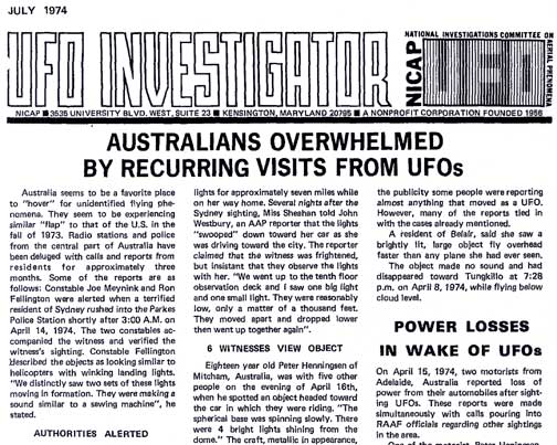 Front page, July 1974 issue of UFO INVESTIGATOR published by the National Investigations Committee On Aerial Phenomena (NICAP), Kensington, Maryland. 