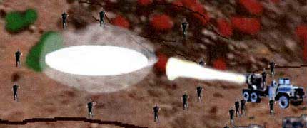 Military security surrounded a glowing disc hovering horizontally on the side of a rocky hill in the Cibola National Forest, Sandia hills, May 1974, witnessed by an Albuquerque family and others. Graphic illustration © 2007 by eyewitness Paul McKeever.