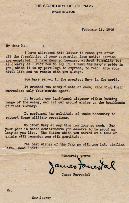 February 19, 1946, letter from then U. S. Secretary of the Navy James V. Forrestal to Bruce Pearson's father, who served in P. T. boat duty during WWII. Provided by Bruce Pearson.