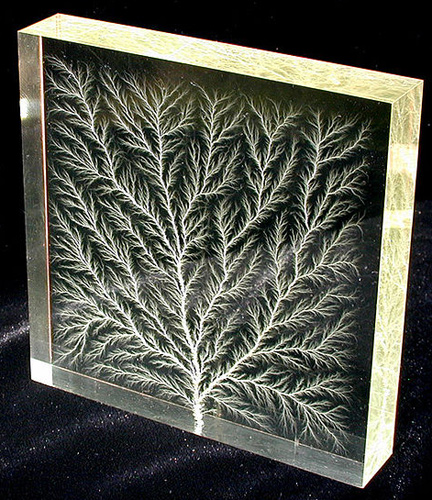 Lichtenberg Figure High voltage dielectric breakdown within a block of plexiglas creates a beautiful fractal pattern called a Lichtenberg figure. The branching discharges ultimately become hairlike, but are thought to extend down to the molecular level. Image by Teslamania.com.