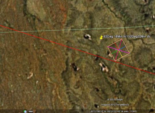 Retired Navy Captain: “One of the jpegs shows a reference Lat/Long that is @ 0.37 mi from the anomaly. This reference Lat/Long is 63°18’North 152°32’ West. The red line just to the South of the reference position and the anomaly is the line connecting Mt. McKinley to Nome. The length of each of the 4 side equals 1510 Ft. The interesting thing about this dimension is that it is exactly twice the length of the sides of the Great Pyramid at Gisa, which are 755 Ft on a side. The coincidence is interesting to say the least. This would make this square anomaly on the surface 4x the area of the base of the Great Pyramid, which at least is consistent with your witness (Doug Mutschler) who said the underground pyramid that was supposedly identified during the May 22, 1992, Chinese underground test was much larger than the Great Pyramid at Giza.”