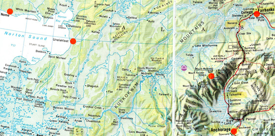 This map shows Nome far upper left; then Unalakleet on eastern edge of Norton Sound; then purple circle with white pyramid at the latitude and longitude west of Mt. McKinley (red circle) where retired Navy Captain reported finding a “square” anomaly in the landscape that could be the site of a large underground pyramid.