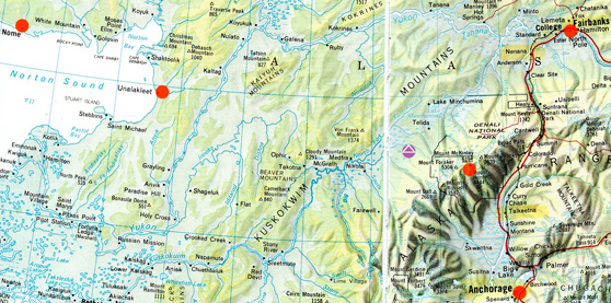 This map shows Nome far upper left; then Unalakleet on eastern edge of Norton Sound; then purple circle with white pyramid at the latitude and longitude west of Mt. McKinley (red circle) where retired Navy Captain reported finding a “square” anomaly in the landscape that could be the site of a large underground pyramid.