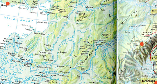 Mount McKinley is north of Anchorage. Nome is upper left red circle on Norton Sound west of Mount McKinley. The region between Mount McKinley and Nome is where the large pyramid structure was allegedly found during geophysical studies of the May 22, 1992, Chinese underground detonation of a large nuclear bomb at Lop Nor.