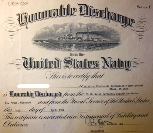 Honorable Discharge from the U. S. Navy on April 25, 1946, for John Smith's father after WWII. Image © 2012 by "John Smith."
