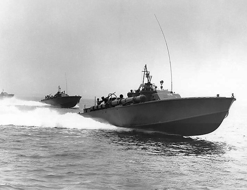An example of a PT boat at high speed is this USS PT-105 running on July 12, 1942, during exercises with other units of Motor Torpedo Boat Squadron Five.
