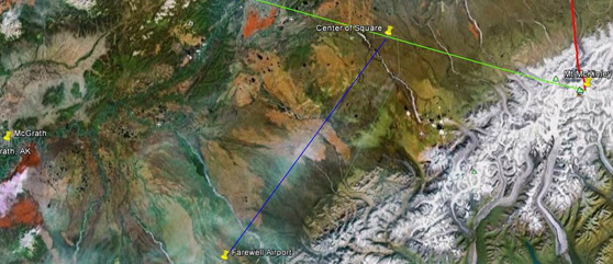 Click on image to enlarge. On this Google Earth image, Mount McKinley is at far right and the red line indicates straight north. The green line goes straight from Mount McKinley to Nome.
