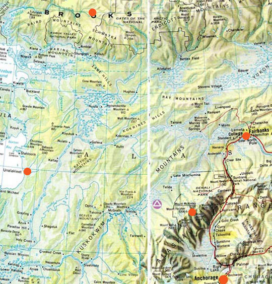The upper red circle in the Gates of the Arctic National Park is the site referenced in August 26, 2012, email above. That is much further north than the retired Navy Captain's lat/long site west of Mount McKinley illustrated as purple circle with white triangle inside at Google Earth Lat/Long 63 Deg. 18 Min N and 154 Deg. 32 Min. W.