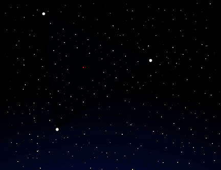 Frame from computer animation of huge, moving "triangle of stars" observed in February 2003, over the Grande Prairie region of northern Alberta, Canada. Image based on eyewitness drawings © 2003 by Adgraphics.