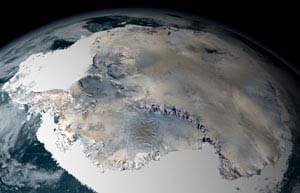 Almost 98% of the Antarctica South Pole continent is covered by ice, which averages a mile thick. Antarctica lost much more ice to the sea than it gained from snowfall, according to a NASA survey done between 1992 and 2002. It also had a corresponding rise in sea level. The survey documented for the first time extensive thinning of the West Antarctic ice shelves. Credit: NASA/SVSSatellite image courtesy NASA.