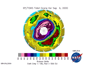 September 2000 Antarctic ozone depletion rates are unprecedented. NASA's Total Ozone Mapping Spectrometer (TOMS) data shows huge white hole over the South Pole devoid of ozone and severe thinning over the entire Antarctic continent and the tip of South America. Graphic courtesy NASA Goddard Space Flight Center, Greenbelt, Maryland.
