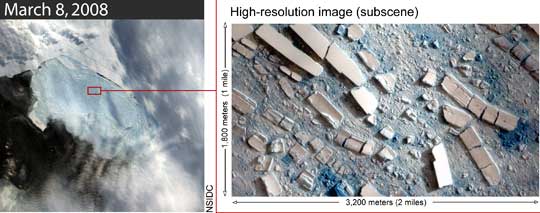 Left: Red rectangle is blown up on right to show the large chunks in the disintegrated mass of Wilkins Ice Shelf the size of Northern Ireland that broke off between February 28, and March 8, 2008. Image courtesy NSIDC.