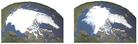 Left: Observed Arctic summer sea ice in 1979. Right: Observed Arctic summer sea ice in 2003. 20% decline in last twenty-seven years. Summer sea ice could be gone entirely by the end of the 21st Century. Source: ACIA 2004.