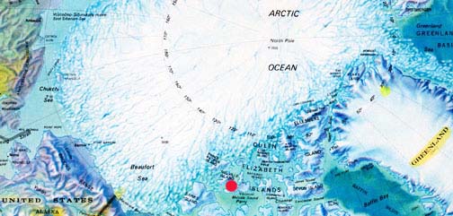 Red circle marks Melville Island between Alaska and Greenland near the Arctic Circle, the site of ice melt studies between 2002 and 2005 by Queen's University geography team.