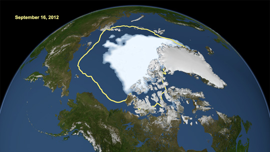 An image of the Arctic sea ice on September 16, 2012, the day that the National Snow and Ice Data Center reported the minimum Arctic ice cover on record. The yellow outline shows the average sea ice minimum from 1979 through increasing summer ice melt to 2010. Illustrated image provided by NASA Goddard's Visualization Explorer.
