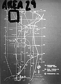 Map of White Sands Proving Ground (now Missile Range) on microfilm that was leaked by Timothy Cooper to Bob and Ryan Wood, www.majesticdocuments.com. Someone had highlighted with a black pen the Trinity site region, which includes Oscura Peak, and labeled it "Area 29." Image source is www.majesticdocuments.com.